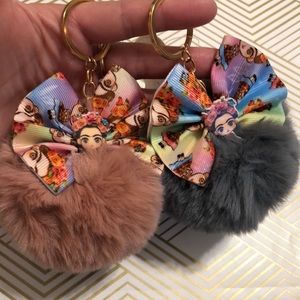 Frida Kahlo Cartoon Bow Soft Faux Fur Pom Pom Charm Ball Keychain Accessory